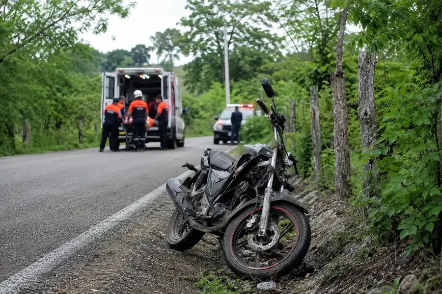 Motocicleta danada a un costado de una carretera rural con ambulancia al fondo