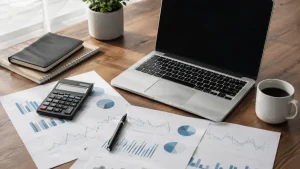 Mesa de analisis economico con documentos y graficas financieras