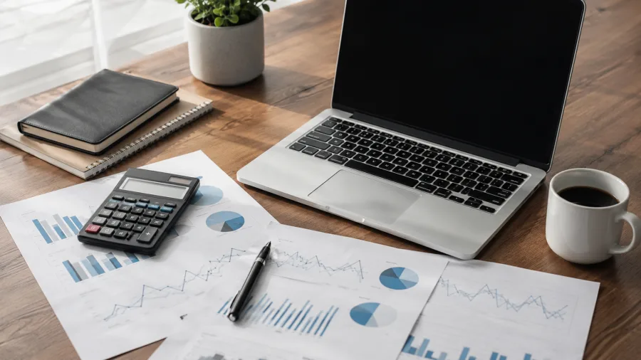 Mesa de analisis economico con documentos y graficas financieras