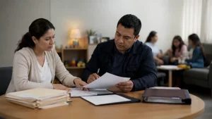 Trabajadora social revisa documentos durante una atencion a victimas de trata en Mexico