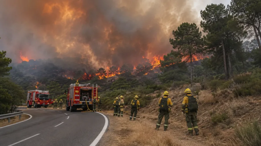 Bomberos trabajan ante un incendio forestal en una zona boscosa de Espana