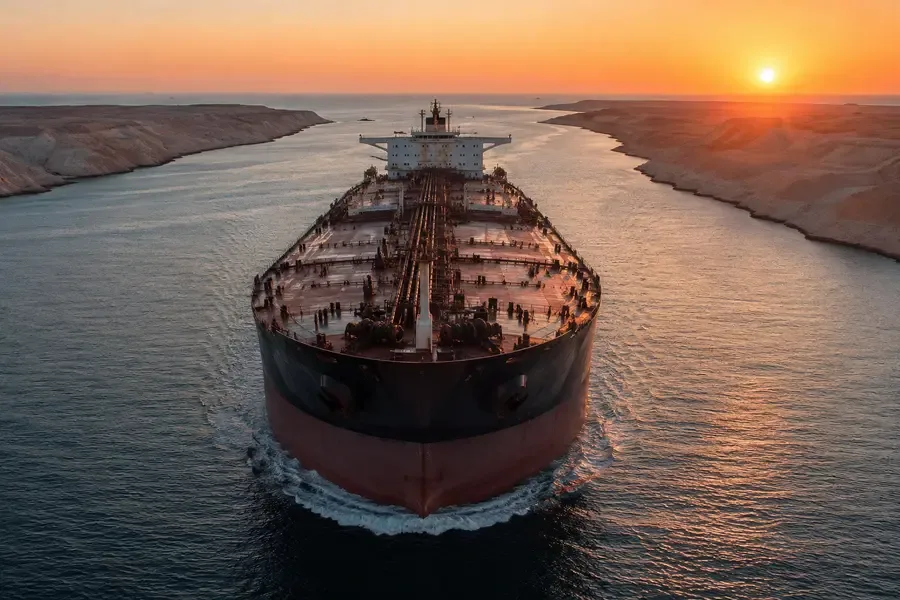 Buque petrolero navega por una ruta maritima estrecha al atardecer