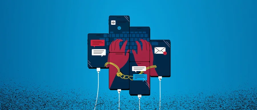 Ilustracion de telefonos y manos encadenadas por trata de personas digital