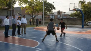 Jovenes juegan basquetbol en una cancha rehabilitada de San Jose Teran en Tuxtla
