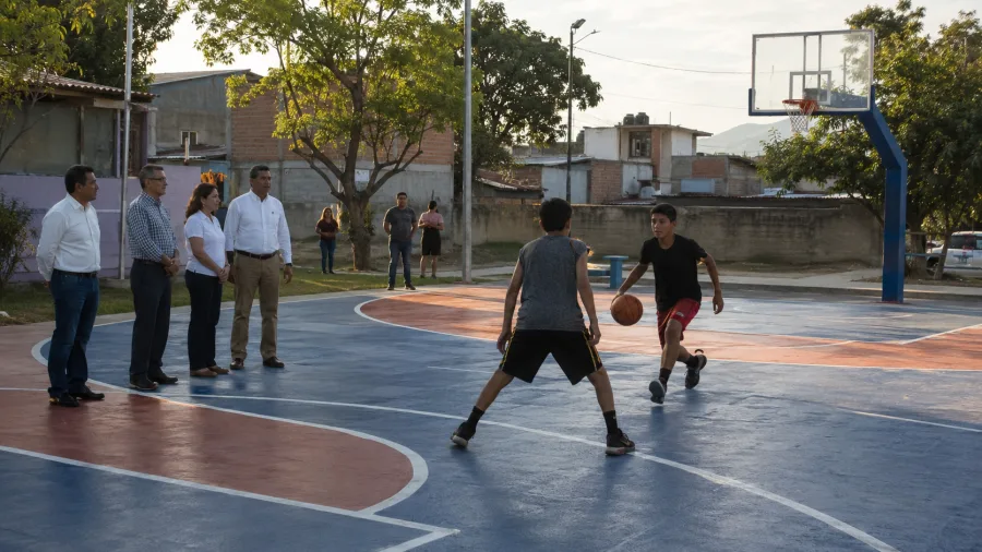 Jovenes juegan basquetbol en una cancha rehabilitada de San Jose Teran en Tuxtla
