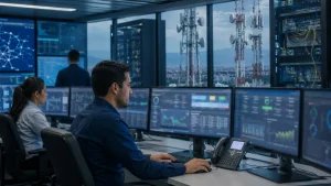 Ingenieros monitorean redes en un centro de operaciones de telecomunicaciones