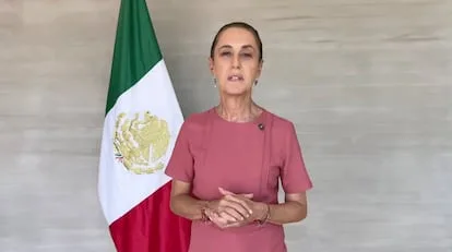 Claudia Sheinbaum durante mensaje sobre su viaje a la final del Mundial 2026