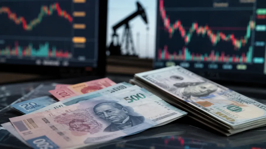 Billetes de pesos y dolares frente a graficas de mercado y petroleo, imagen editorial representativa