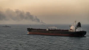Buque petrolero en el estrecho de Ormuz con patrullas maritimas a distancia, imagen editorial representativa