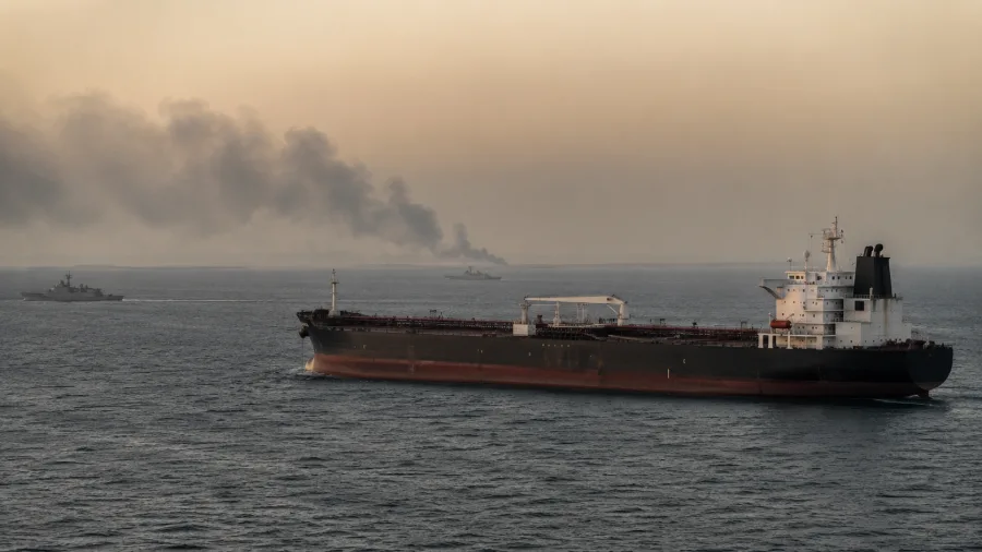 Buque petrolero en el estrecho de Ormuz con patrullas maritimas a distancia, imagen editorial representativa