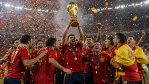Celebracion de futbolistas de Espana tras ganar la final mundialista, imagen editorial representativa