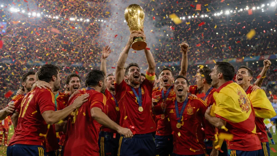 Celebracion de futbolistas de Espana tras ganar la final mundialista, imagen editorial representativa
