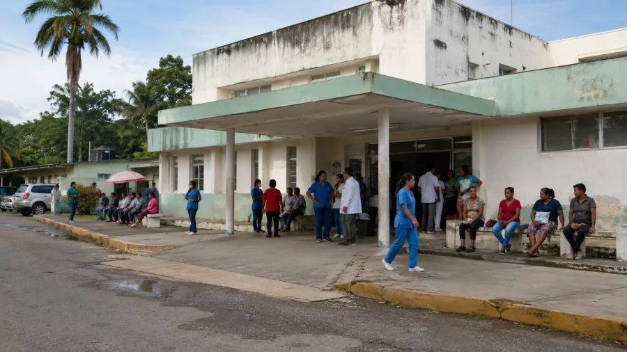 Personas esperan atencion afuera de un hospital rural en Mapastepec Chiapas