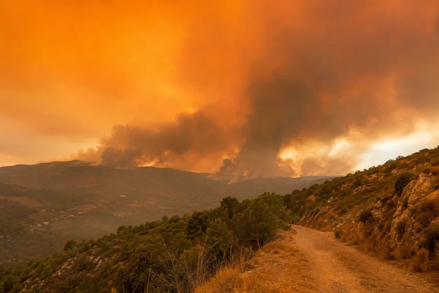 Imagen editorial contextual sin texto ni logotipos sobre incendios forestales en Europa