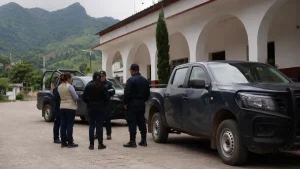 Personal institucional conversa junto a vehículos oficiales sin logotipos en un municipio de Chiapas