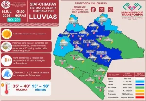 Mapa del SIAT Chiapas con pronostico de lluvias y tormentas