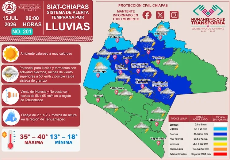 Mapa del SIAT Chiapas con pronostico de lluvias y tormentas