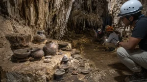 Especialistas registran piezas arqueologicas dentro de una cueva en la zona zoque de Cintalapa