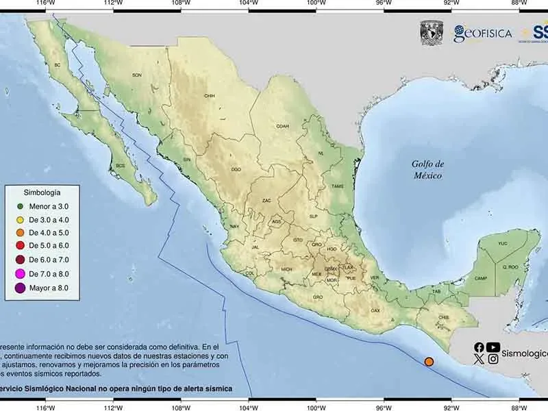 Mapa del Servicio Sismológico Nacional sobre el sismo en Chiapas