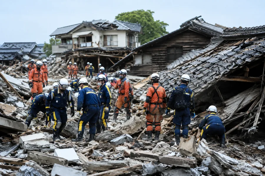 Equipos de rescate trabajan entre escombros tras sismo en Japon