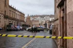 Calle acordonada en una zona urbana de Zacatecas con patrullas al fondo