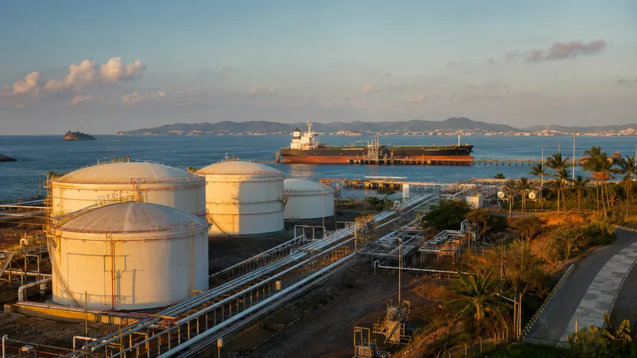 Terminal petrolera costera con tanques de almacenamiento y buque tanque