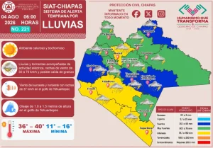 Pronóstico de lluvias para Chiapas del 4 de agosto de 2026