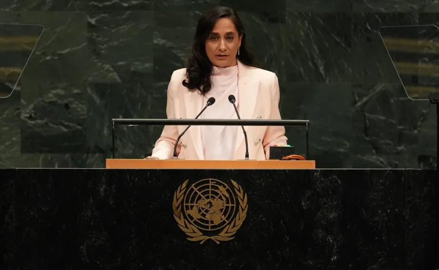 La ministra canadiense de Exteriores, Anita Anand, durante su intervención ante la Asamblea General de la ONU