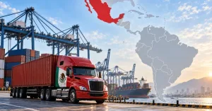 Contenedores de exportación en una terminal logística de México