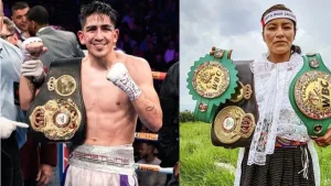 Leo Santa Cruz e Ibeth Zamora muestran cinturones de campeonato