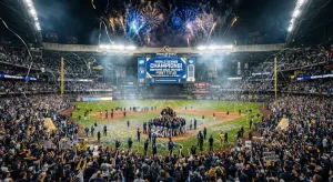 Jugadores de Milwaukee Brewers celebran el primer título de Serie Mundial de la franquicia