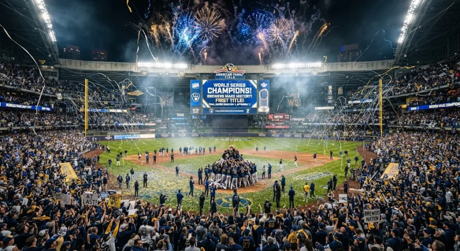 Jugadores de Milwaukee Brewers celebran el primer título de Serie Mundial de la franquicia